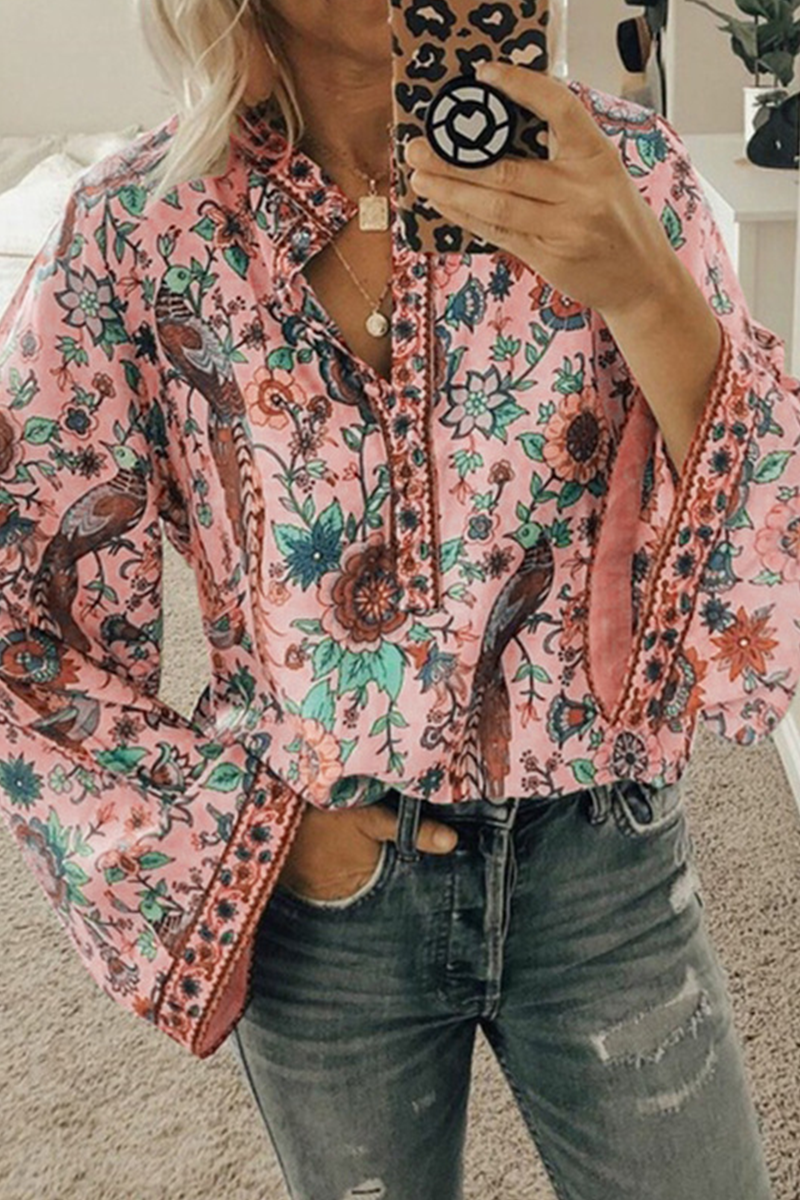 Blusas de cuello mandarín con botones y patchwork con estampado urbano (9 colores)