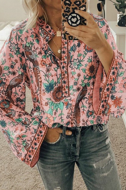 Blusas de cuello mandarín con botones y patchwork con estampado urbano (9 colores)