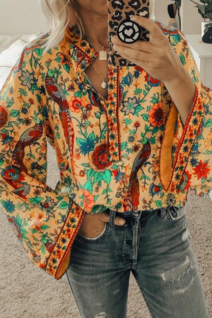 Blusas de cuello mandarín con botones y patchwork con estampado urbano (9 colores)