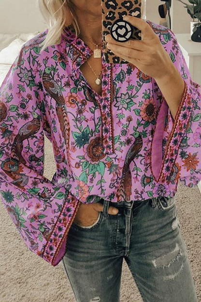 Blusas de cuello mandarín con botones y patchwork con estampado urbano (9 colores)