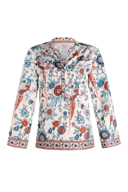 Blusas de cuello mandarín con botones y patchwork con estampado urbano (9 colores)