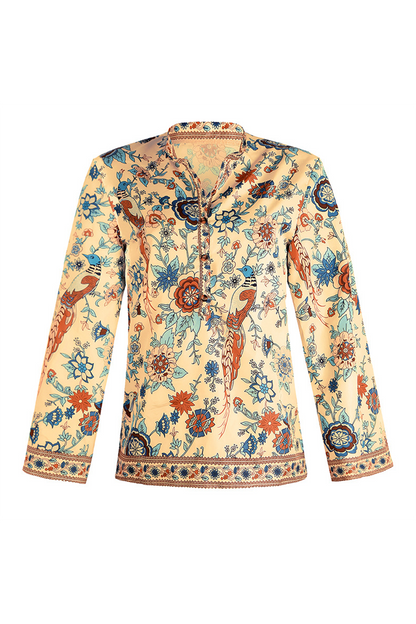 Blusas de cuello mandarín con botones y patchwork con estampado urbano (9 colores)