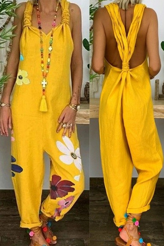 Mono informal holgado con cuello en V, espalda descubierta y estampado floral (5 colores)