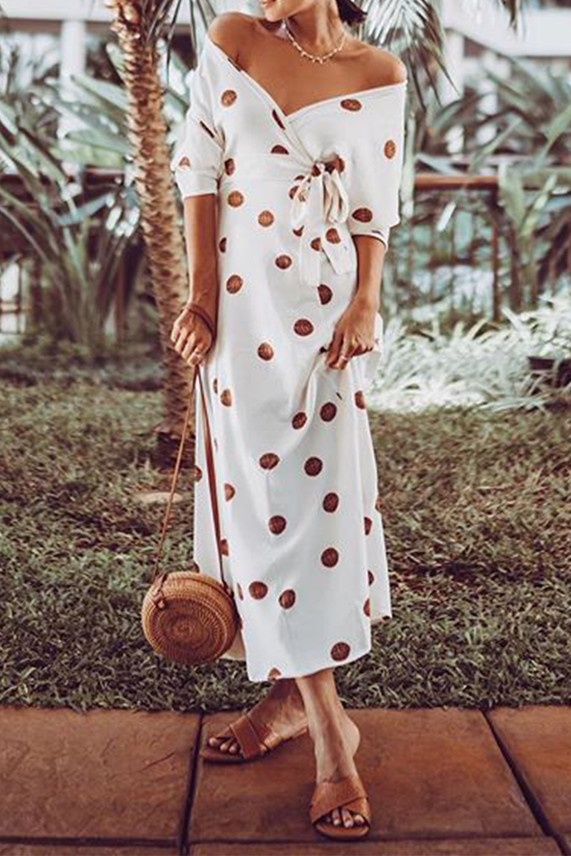 Vestido elegante con cuello en V, estampado y tirantes de lunares