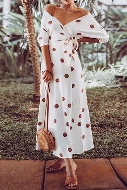 Vestido elegante con cuello en V, estampado y tirantes de lunares