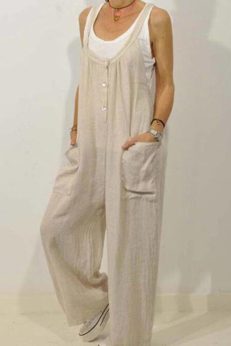 Mono holgado informal de moda con bolsillos sólidos y tirantes finos