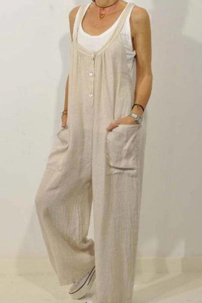 Mono holgado informal de moda con bolsillos sólidos y tirantes finos