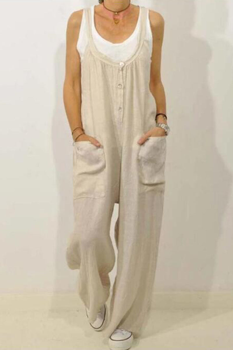 Mono holgado informal de moda con bolsillos sólidos y tirantes finos