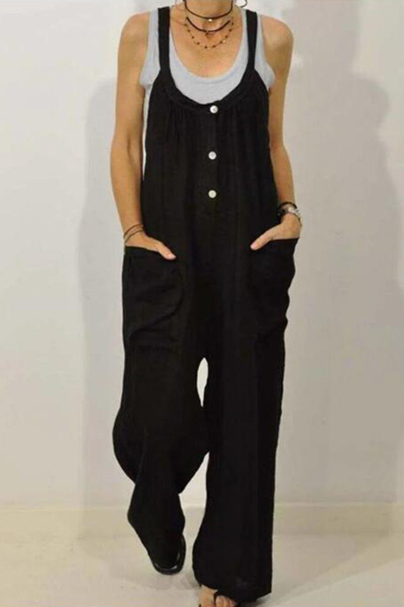 Mono holgado informal de moda con bolsillos sólidos y tirantes finos