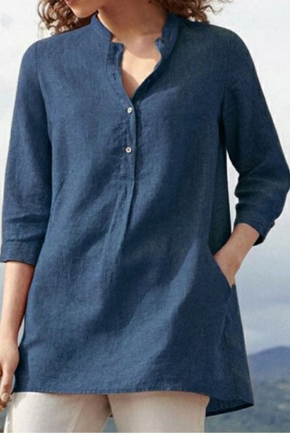 Blusa informal de cuello mandarín con parches lisos a la moda (3 colores)