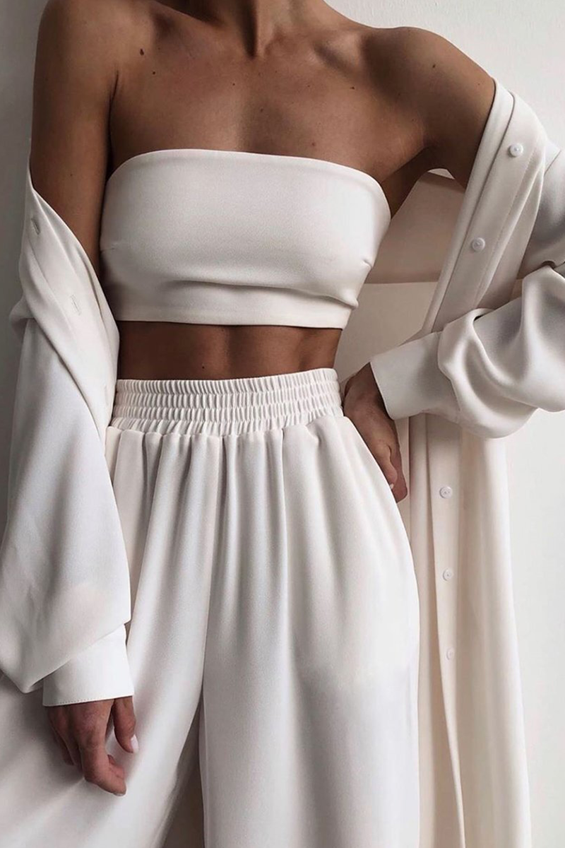 Conjunto de tres piezas informal liso con cinturón, sin tirantes (4 colores)