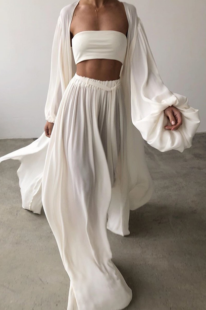 Conjunto de tres piezas informal liso con cinturón, sin tirantes (4 colores)