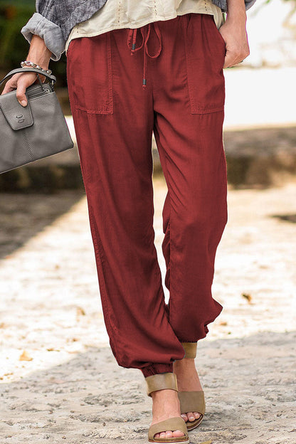 Pantalones de tubo de cintura alta rectos con bolsillos sólidos casuales de moda