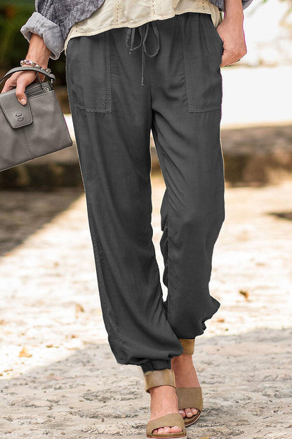 Pantalones de tubo de cintura alta rectos con bolsillos sólidos casuales de moda