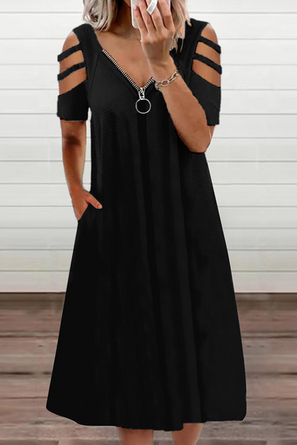 Casual Solid Hollowed Out Zipper V Neck A Line Dresses