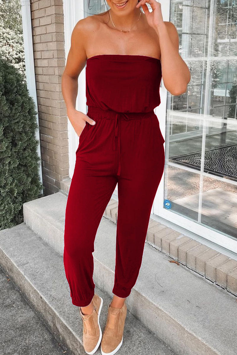 Fashion Street Solid Patchwork Strapless Jumpsuits(3 colors)