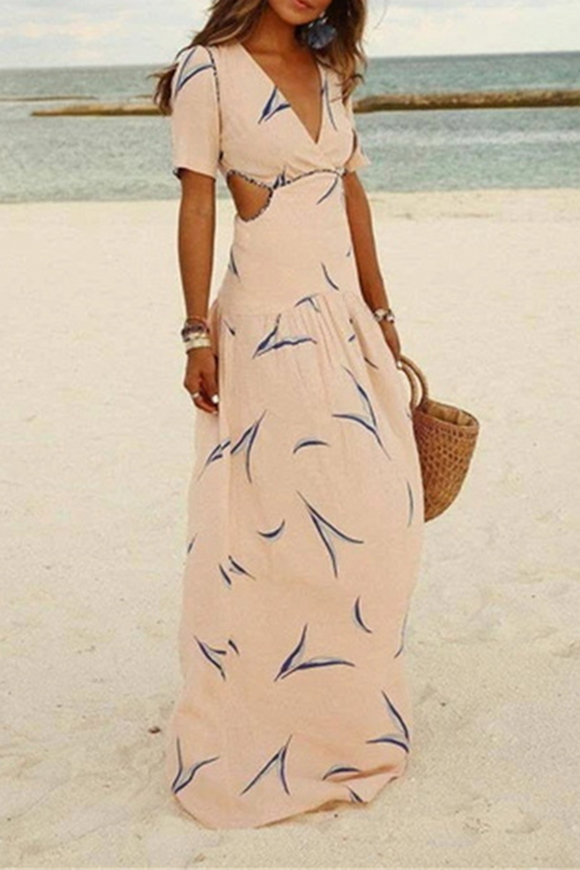 Vestidos casuales de vacaciones con estampado de patchwork ahuecado y cuello en V en forma de A