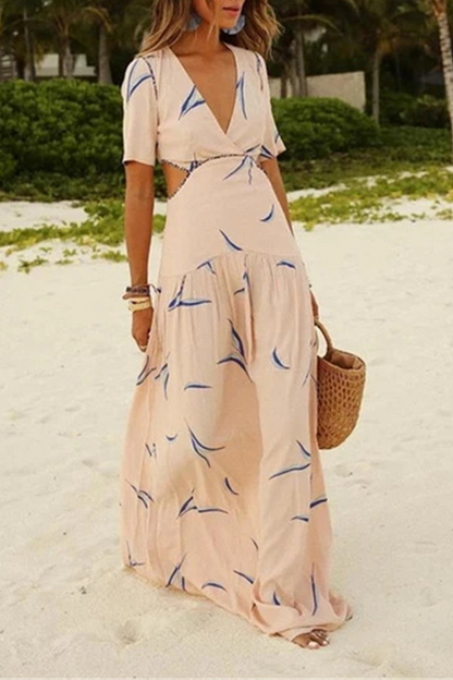 Vestidos casuales de vacaciones con estampado de patchwork ahuecado y cuello en V en forma de A