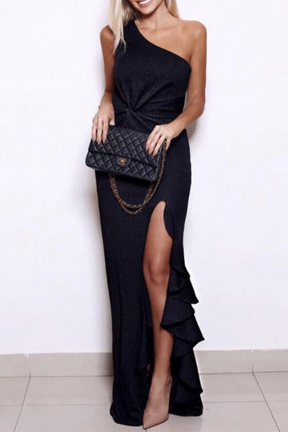 Elegante vestido de noche de un solo hombro con abertura y volantes (8 colores)