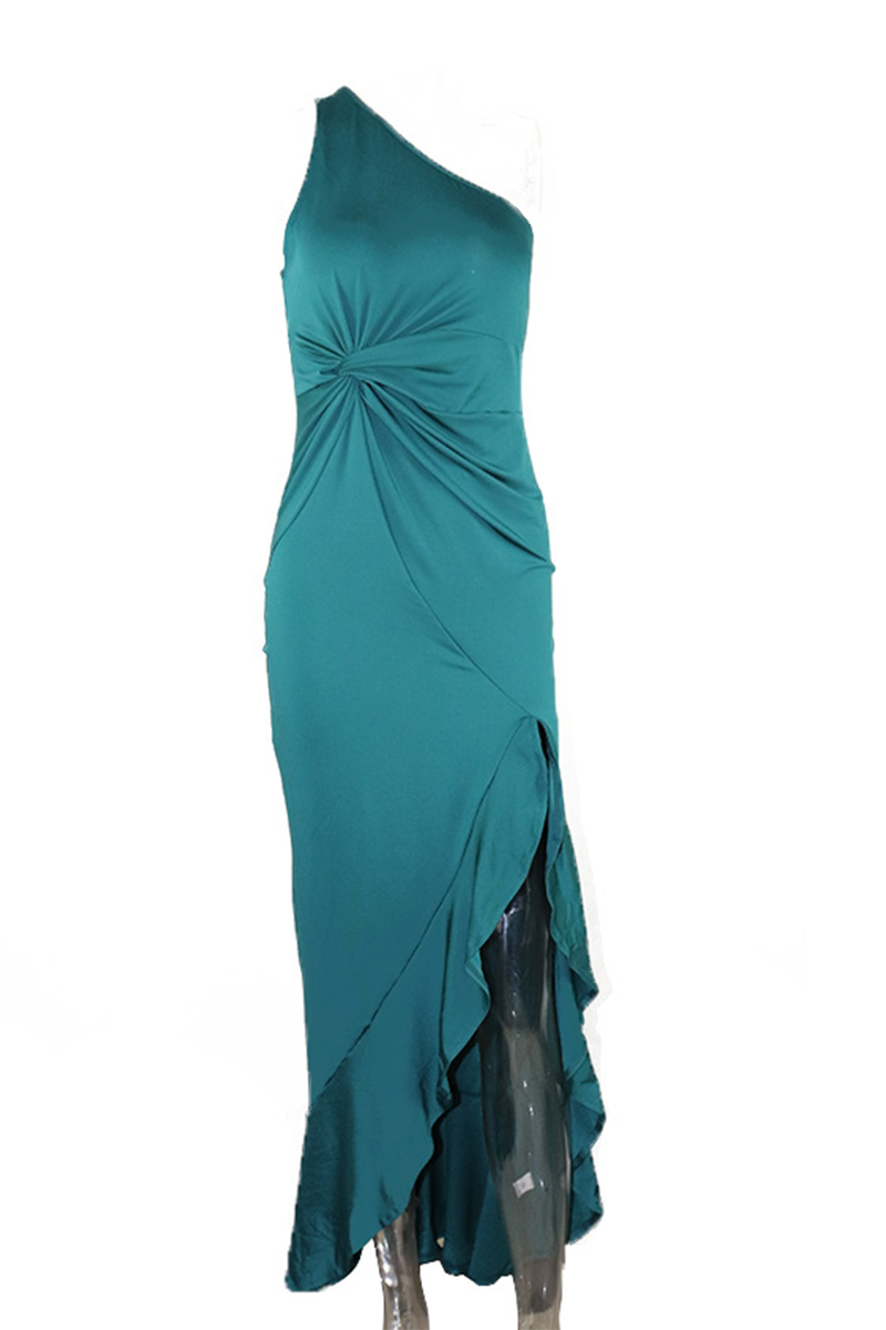 Elegante vestido de noche de un solo hombro con abertura y volantes (8 colores)