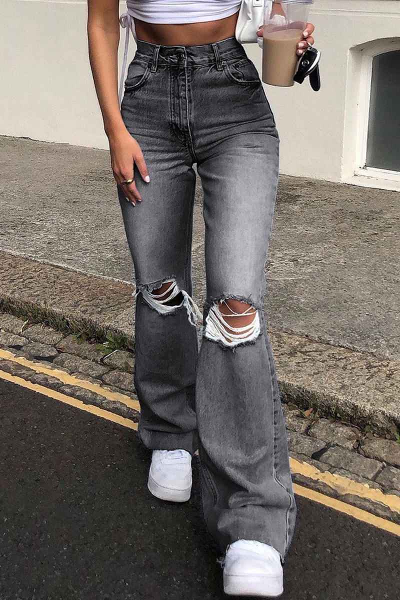 Pantalones de corte de bota desgastados y rotos de Street Solid (3 colores)