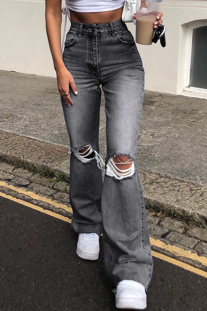 Pantalones de corte de bota desgastados y rotos de Street Solid (3 colores)