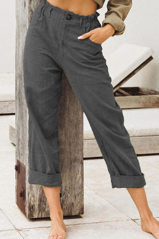 Pantalones casuales de moda con parches sólidos, rectos y de cintura alta