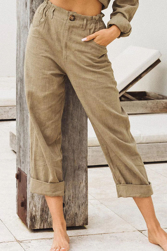 Pantalones casuales de moda con parches sólidos, rectos y de cintura alta
