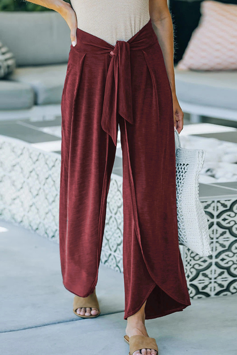 Pantalones casuales holgados de pierna ancha con frenillo, de color liso (5 colores)