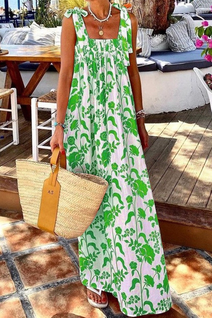 Vestidos de princesa con cuello cuadrado y diseño de tirantes con estampado de vacaciones