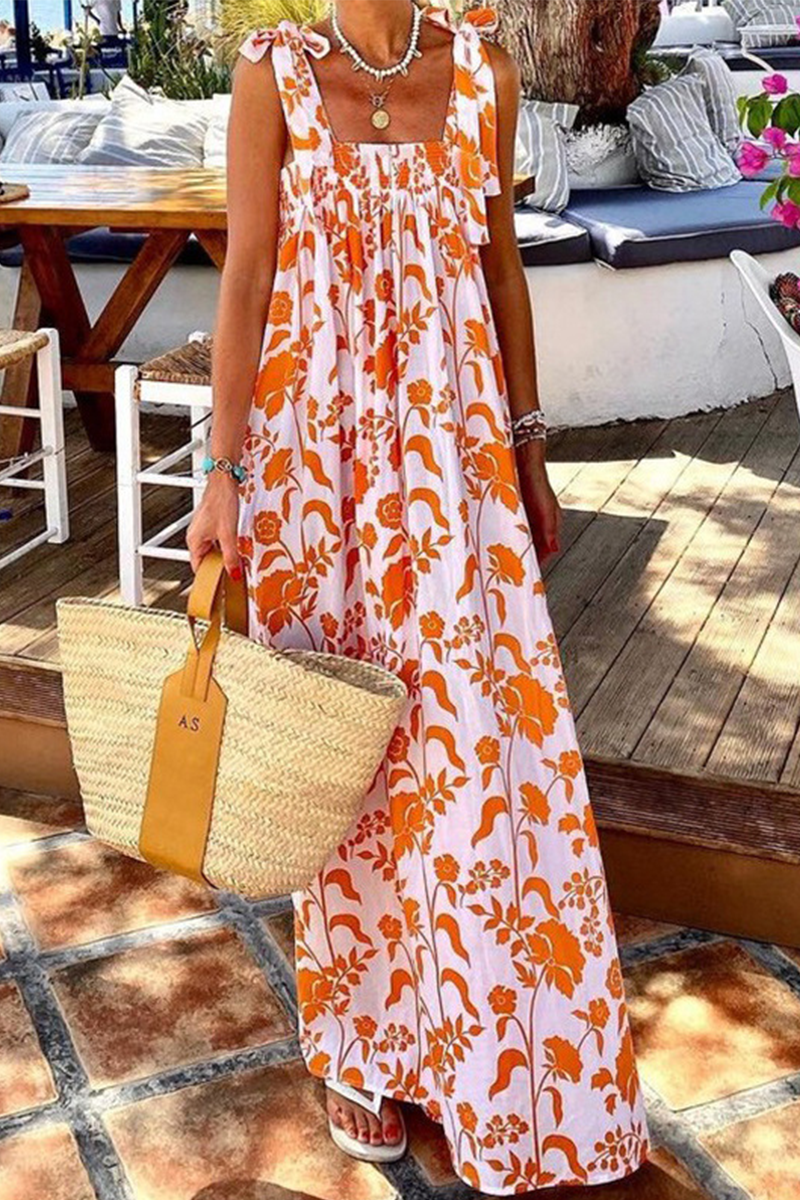 Vestidos de princesa con cuello cuadrado y diseño de tirantes con estampado de vacaciones