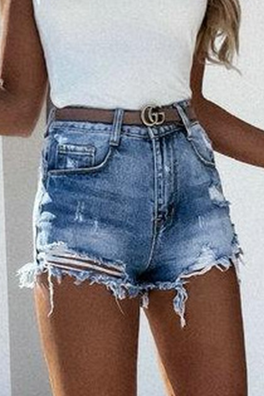 Shorts vaqueros rasgados de cintura media con borlas lisas de estilo urbano