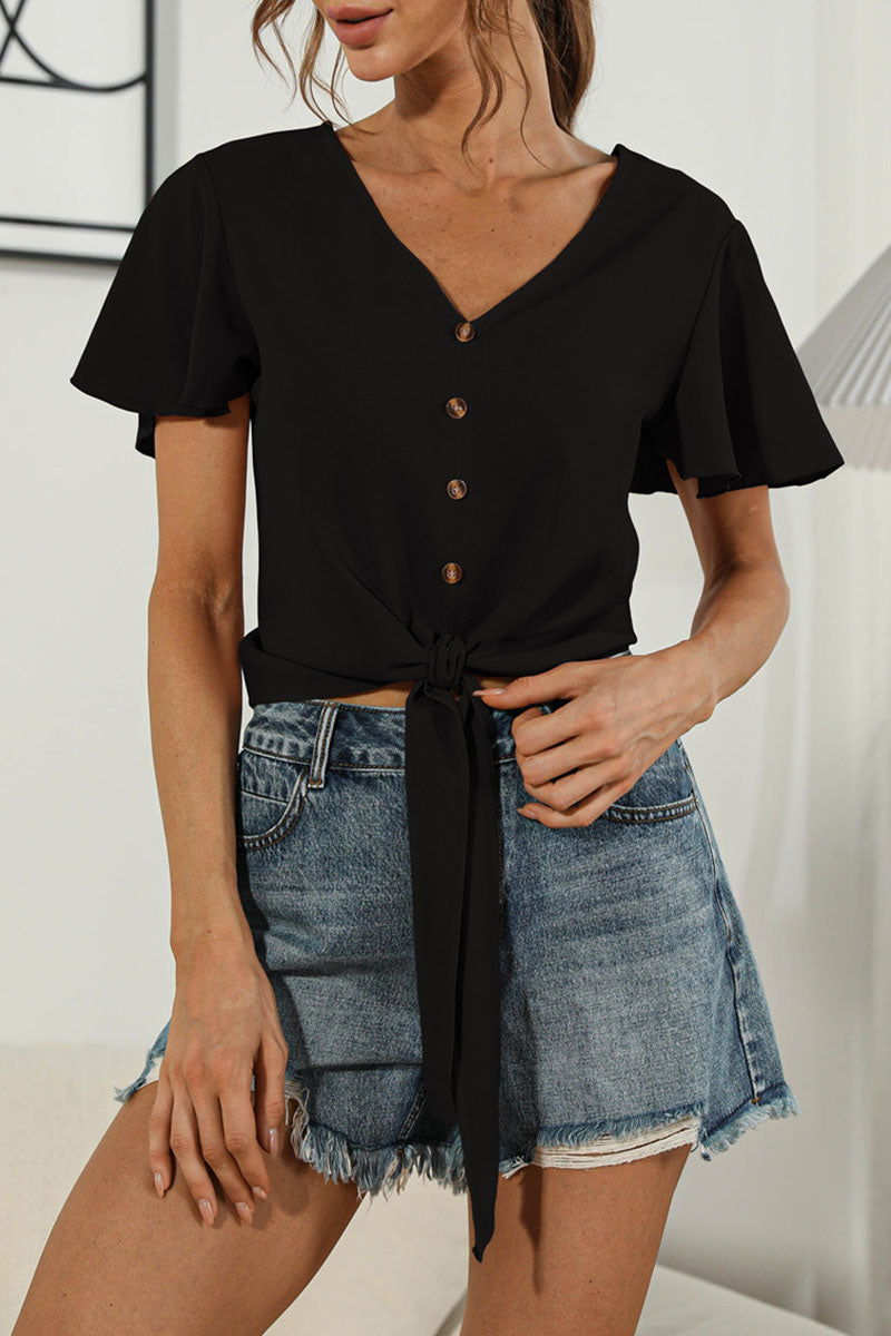 Camisetas de cuello en V con patchwork liso y dulce de moda