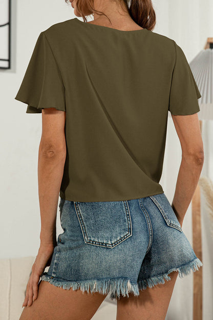 Camisetas de cuello en V con patchwork liso y dulce de moda