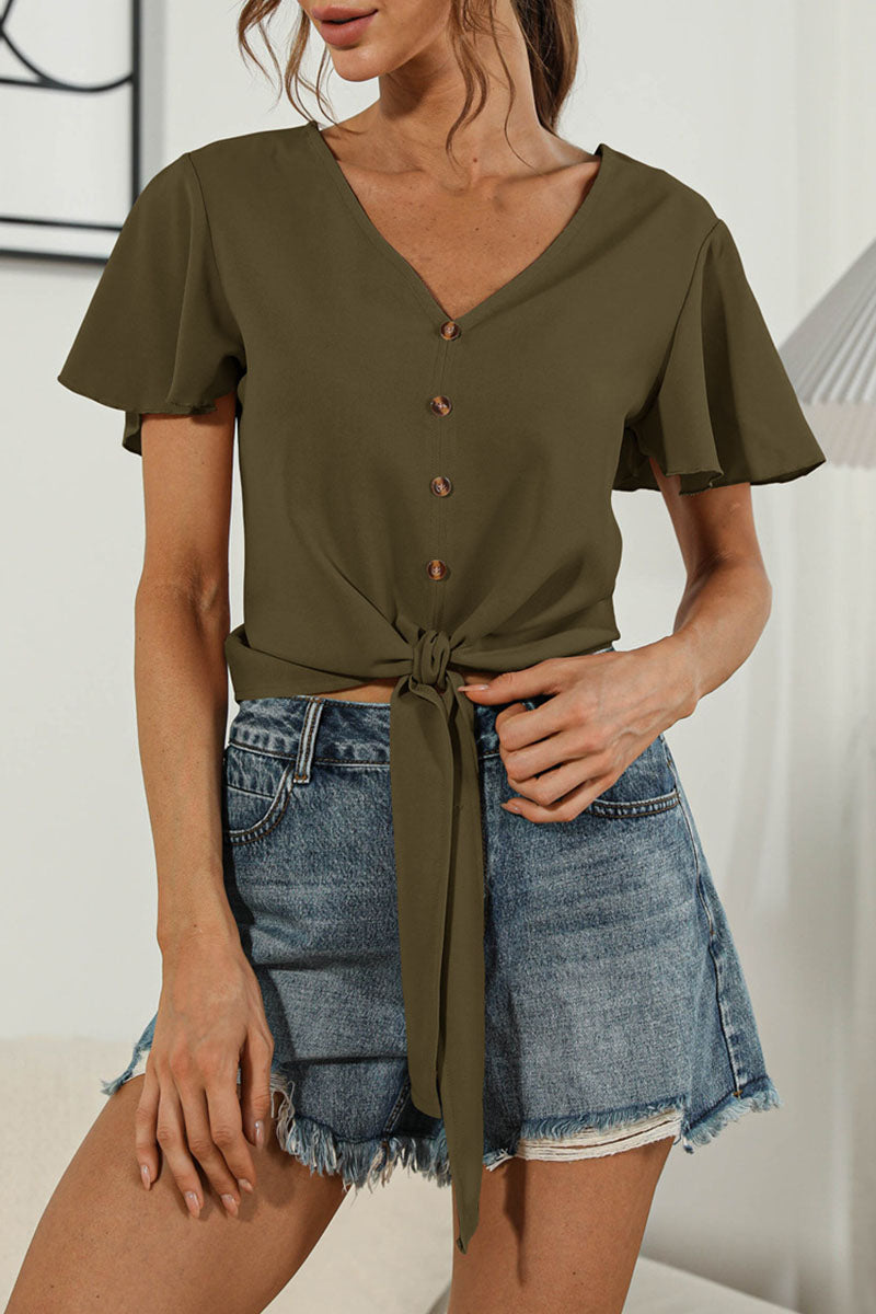 Camisetas de cuello en V con patchwork liso y dulce de moda