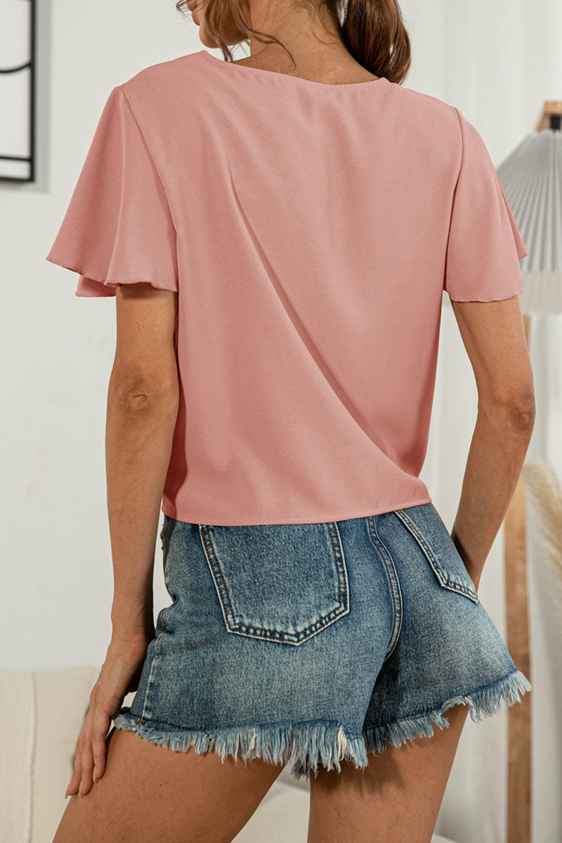 Camisetas de cuello en V con patchwork liso y dulce de moda