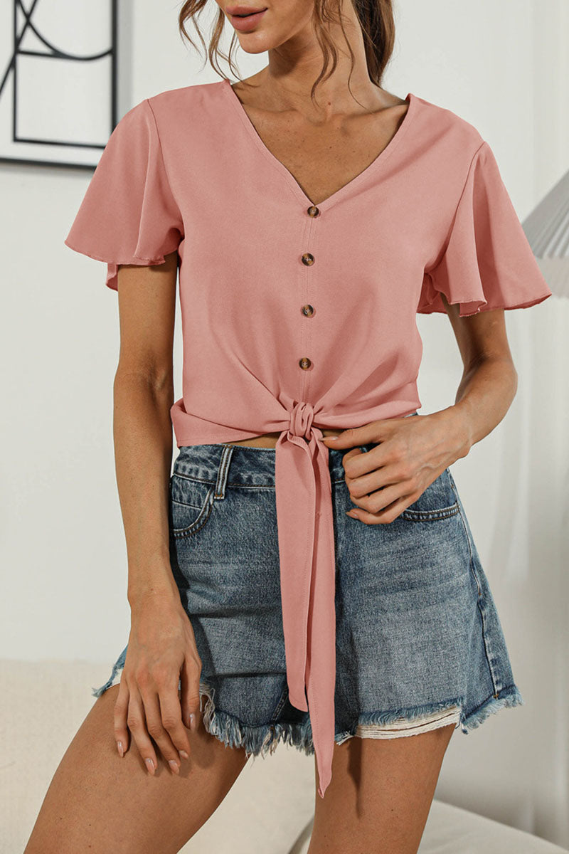 Camisetas de cuello en V con patchwork liso y dulce de moda