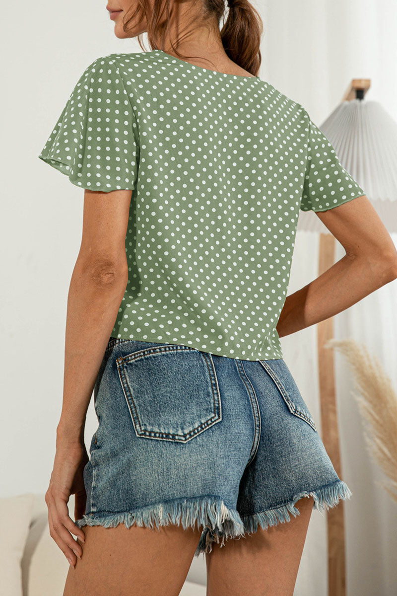 Camisetas de cuello en V con patchwork liso y dulce de moda