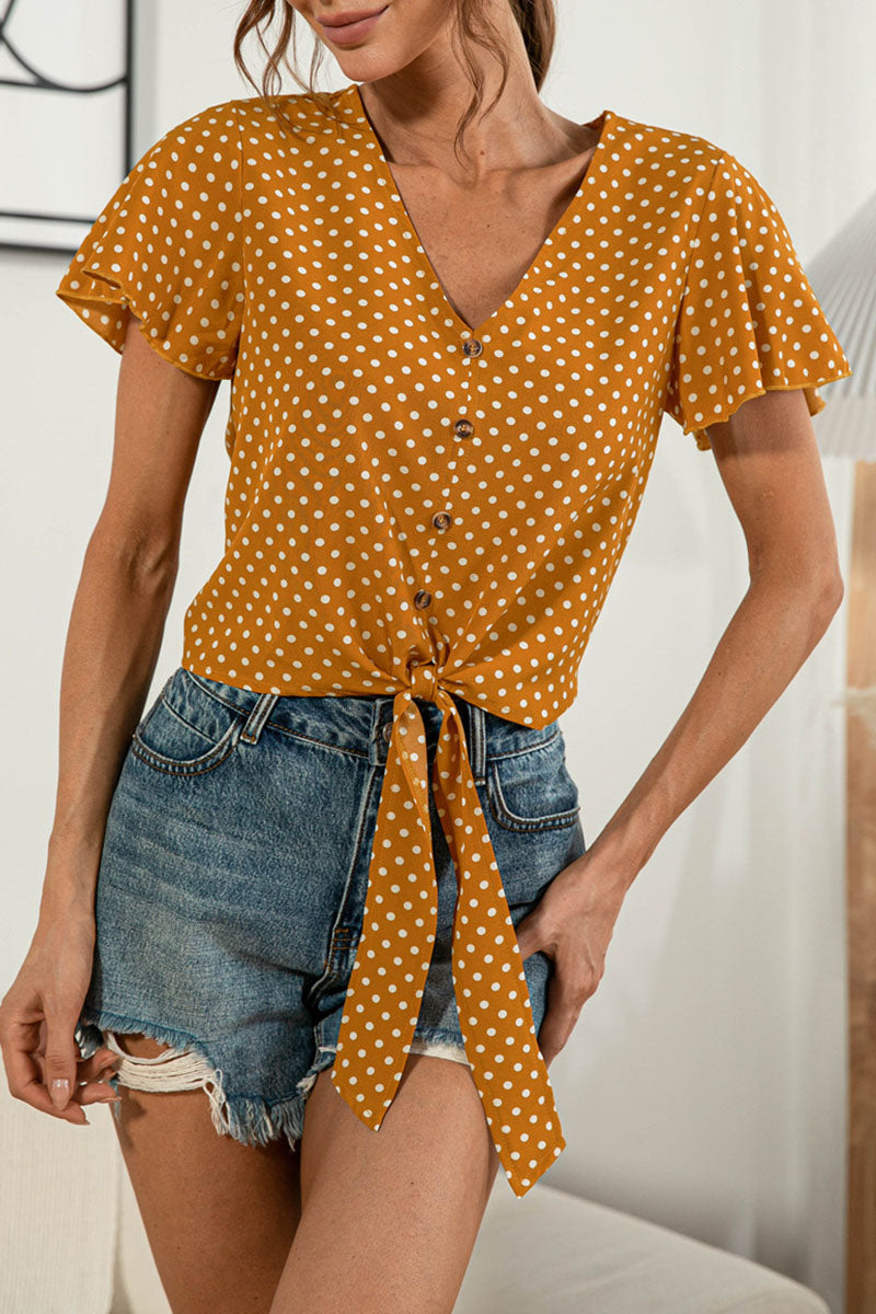 Camisetas de cuello en V con patchwork liso y dulce de moda