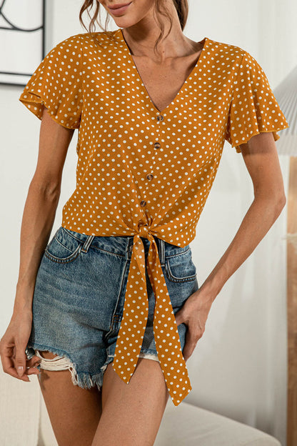 Camisetas de cuello en V con patchwork liso y dulce de moda