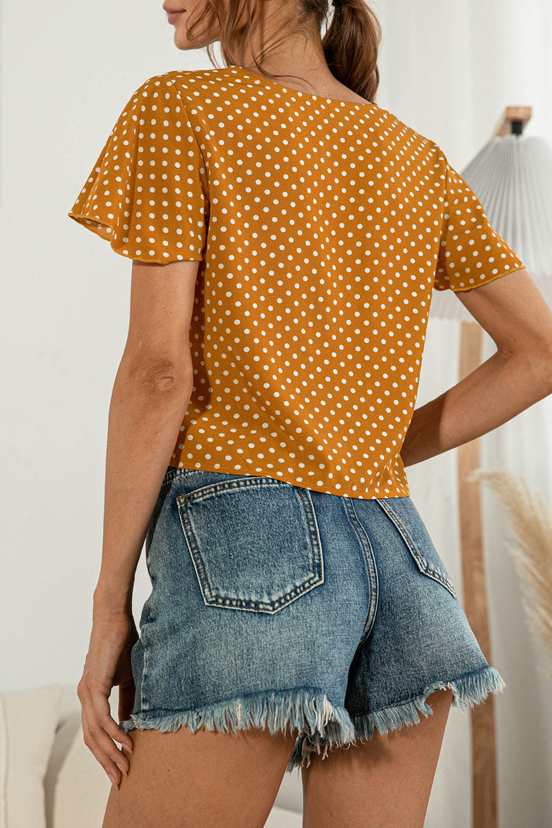 Camisetas de cuello en V con patchwork liso y dulce de moda