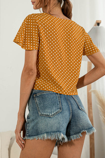 Camisetas de cuello en V con patchwork liso y dulce de moda