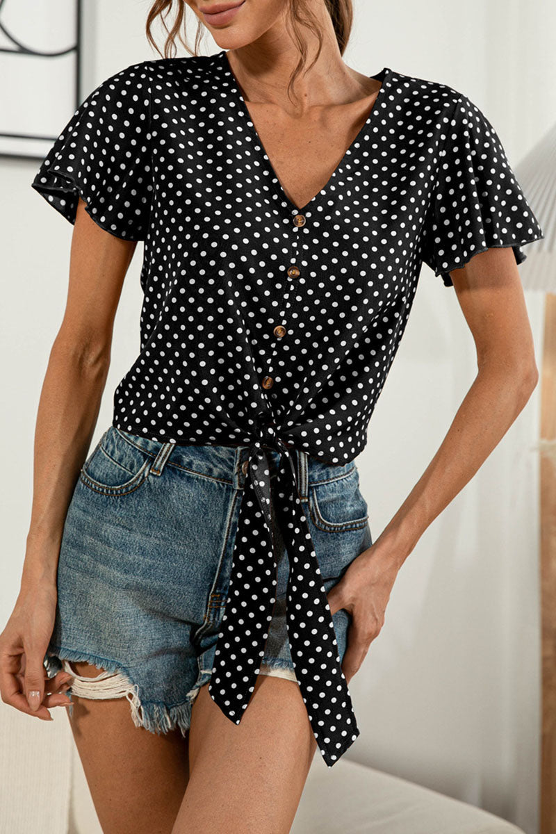 Camisetas de cuello en V con patchwork liso y dulce de moda