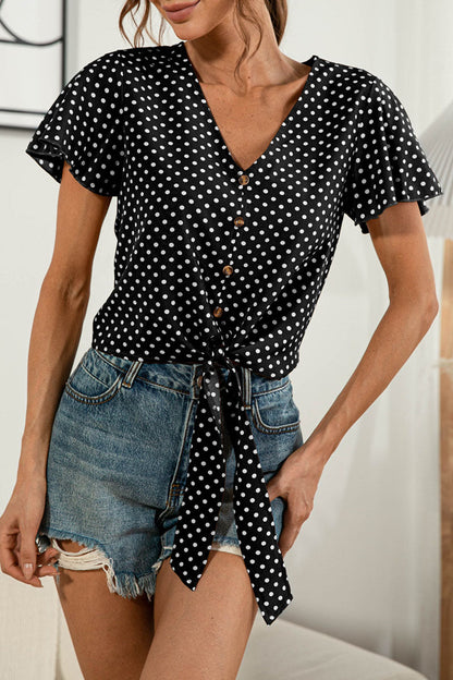 Camisetas de cuello en V con patchwork liso y dulce de moda