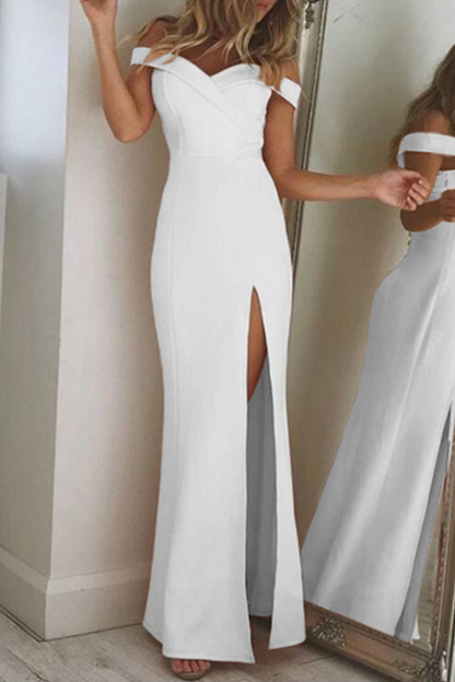 Vestido elegante de corte irregular con hombros descubiertos, espalda descubierta y abertura alta (5 colores)