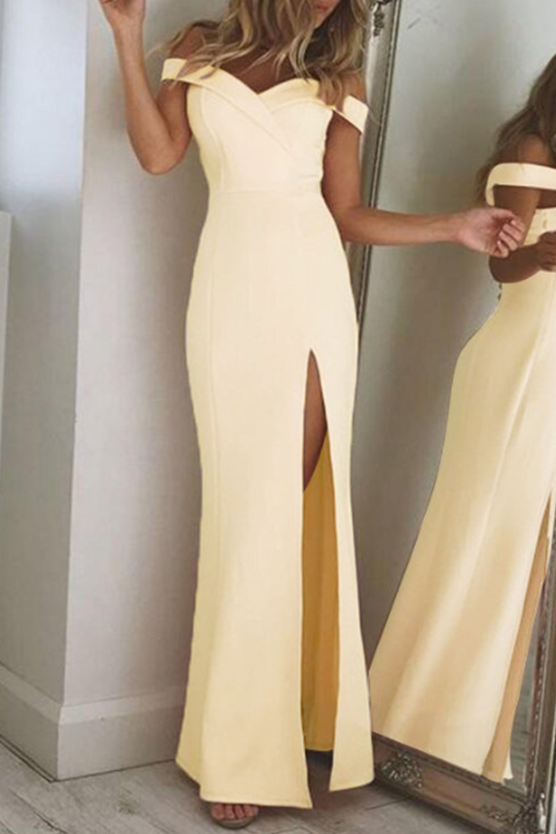 Vestido elegante de corte irregular con hombros descubiertos, espalda descubierta y abertura alta (5 colores)