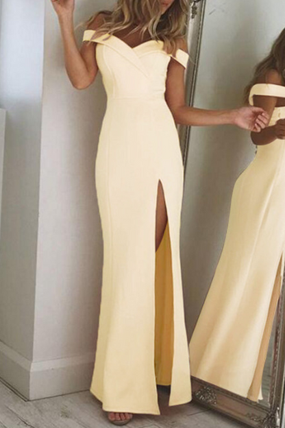 Vestido elegante de corte irregular con hombros descubiertos, espalda descubierta y abertura alta (5 colores)