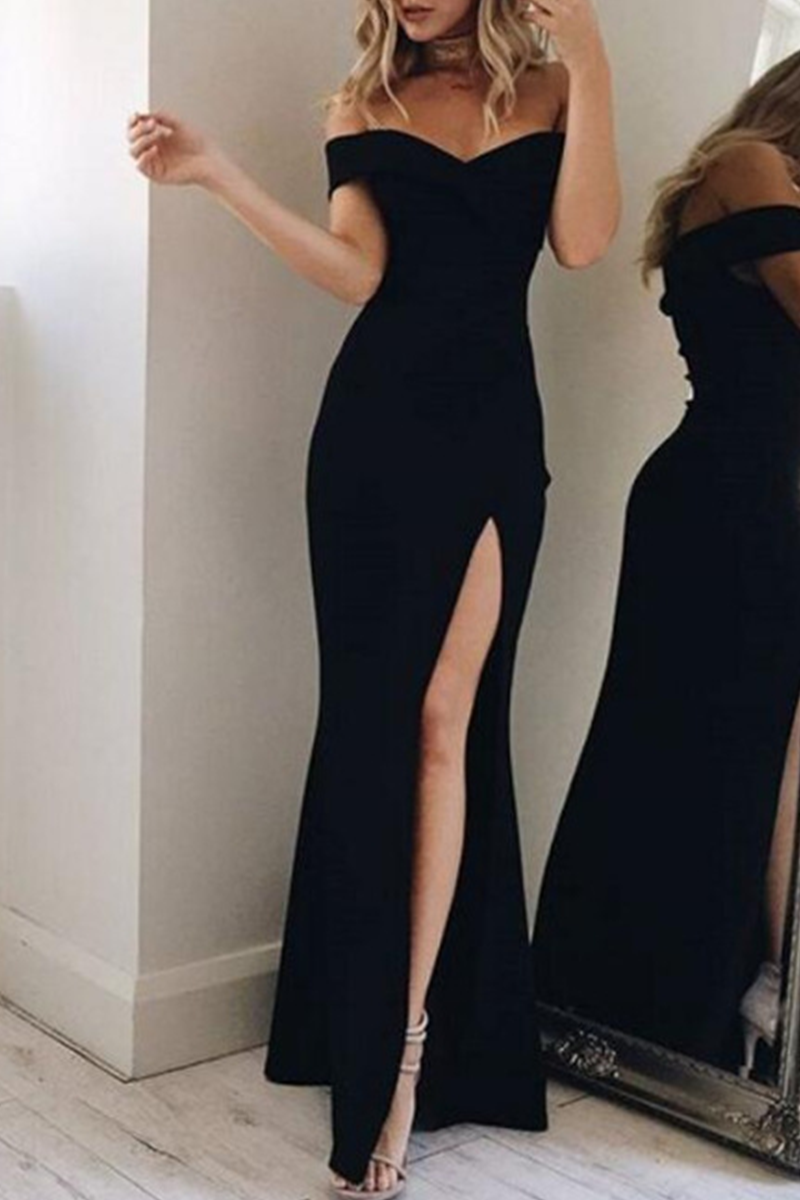 Vestido elegante de corte irregular con hombros descubiertos, espalda descubierta y abertura alta (5 colores)