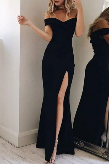 Vestido elegante de corte irregular con hombros descubiertos, espalda descubierta y abertura alta (5 colores)