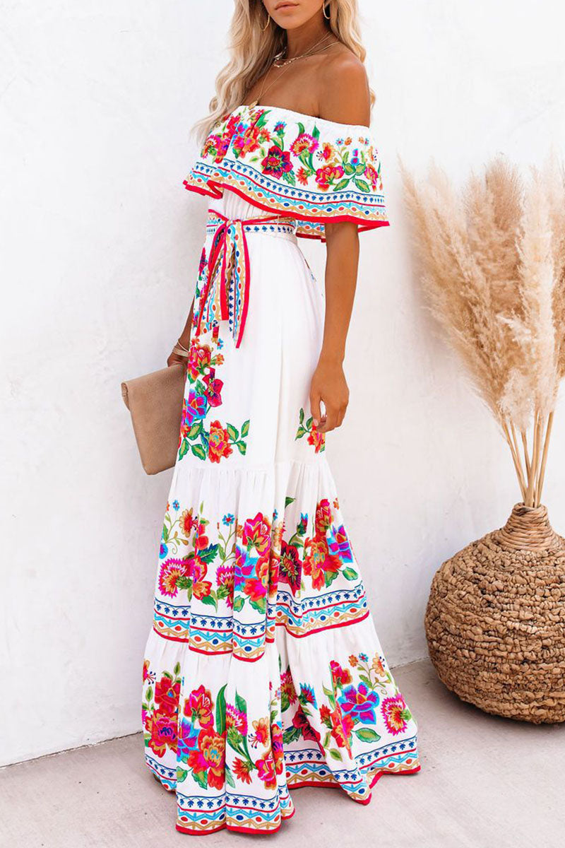 Vestidos de línea A con hombros descubiertos y estampado vintage de patchwork